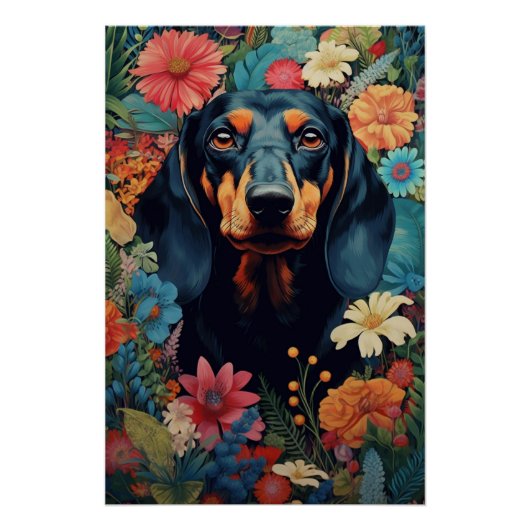 Dachshund temidden van een symfonie van bloemen perfect poster (Voorkant)