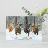 Dachshund Through the Snow 4 running Dogs Funny Feestdagenkaart (Staand voorkant)
