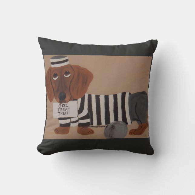 Dachshund Treat Thief Jailbird Kussen (Voorkant)