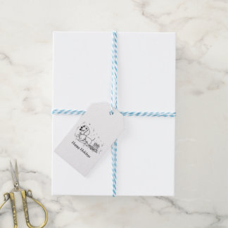 Dachshund trekt slee met kerstcadeaus cadeaulabel