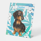 Dachshund Turquoise Aqua Leaves Desk Sign Reclamebord Met Voetstuk (Voorkant)