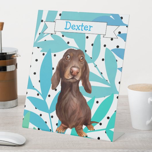 Dachshund Turquoise Aqua Leaves Desk Sign Reclamebord Met Voetstuk (Insitu)