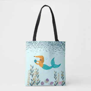 Dachshund Turquoise Zeemeerminnenstaart Boodschapp Tote Bag