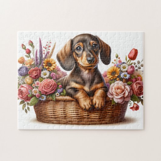 Dachshund tussen bloemen legpuzzel (Horizontaal)