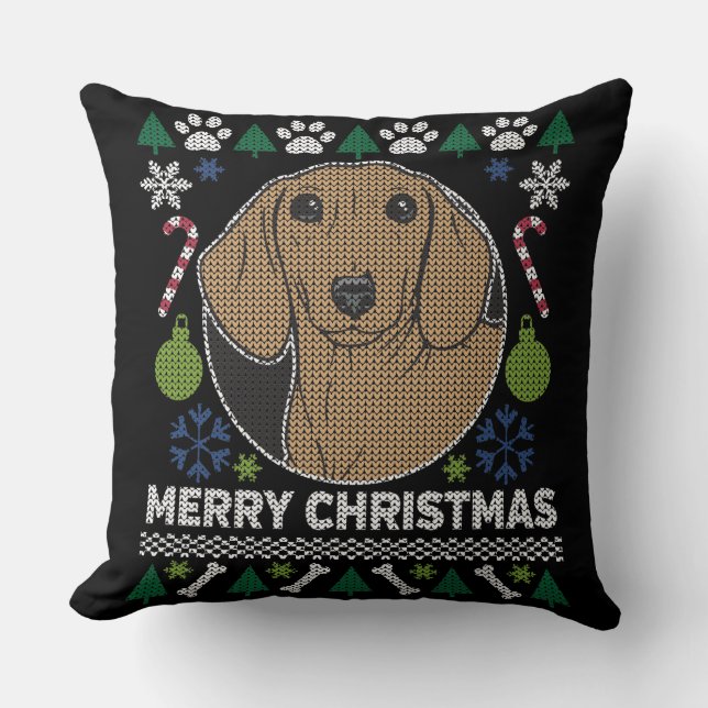 Dachshund Ugly KerstSweater Dog Design Kussen (Voorkant)