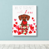 Dachshund Valentijn Cartoon Canvas Afdruk (Insitu (Houten vloer))
