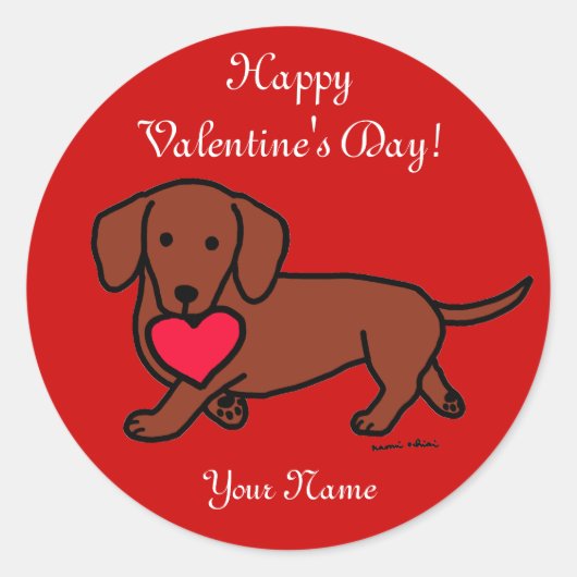 Dachshund Valentijn Cartoon Ronde Sticker (Voorkant)