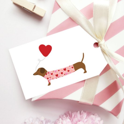 Dachshund Valentijn, Valentijnsdag Roze en Rood Cadeaulabel