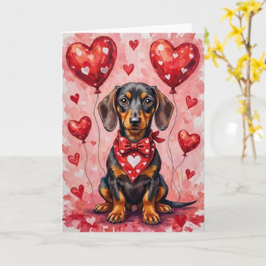 Dachshund Valentine’s Day Dog with Hearts Red Kaart (Gele Bloem)