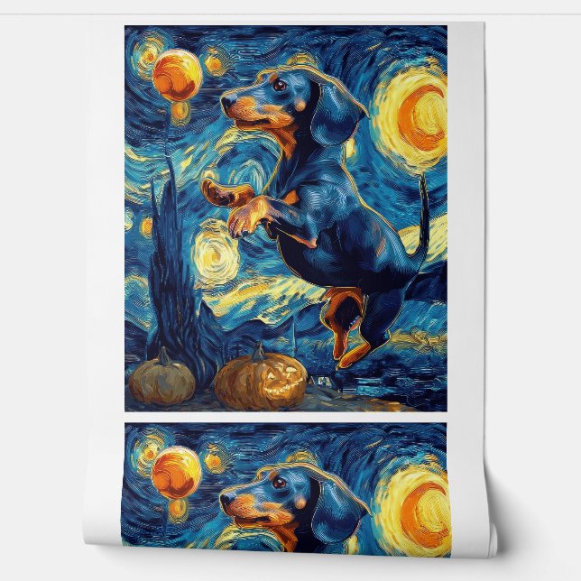 Dachshund van Gogh sterrennacht halloween Grappig Behang (Afrollen)