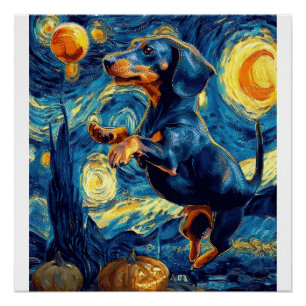 Dachshund van Gogh sterrennacht halloween Grappig Perfect Poster