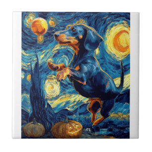 Dachshund van Gogh sterrennacht halloween Grappig Tegeltje
