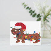 Dachshund verstrikt in kerstverlichting (rood) feestdagenkaart (Staand voorkant)