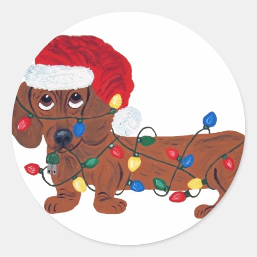 Dachshund verstrikt in kerstverlichting (rood) ronde sticker (Voorkant)
