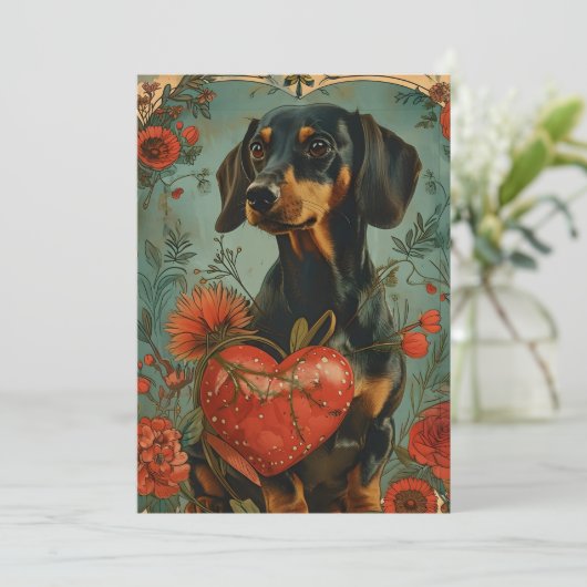 Dachshund Vintage Valentijnsdag  Feestdagenkaart (Staand voorkant)