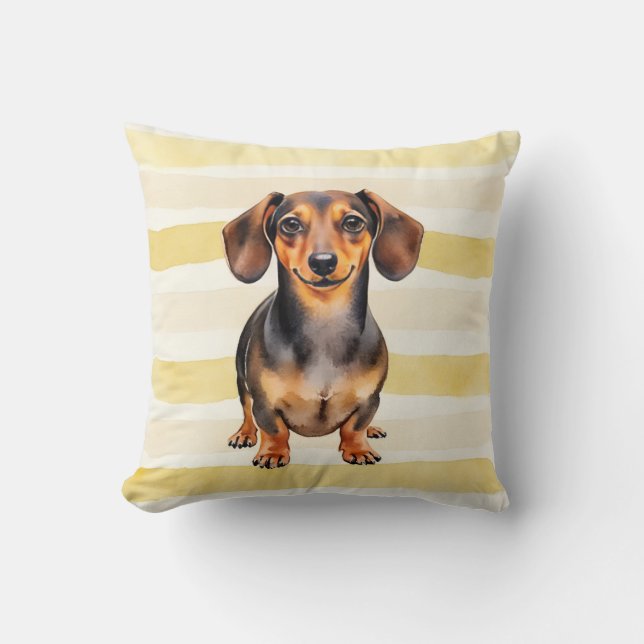 Dachshund Watercolor Warm Streep Kunst Kussen (Voorkant)