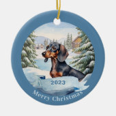 Dachshund Waterverf Hondenkerst Keramisch Ornament (Voorkant)