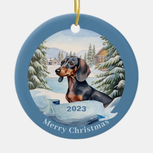 Dachshund Waterverf Hondenkerst Keramisch Ornament (Voorkant)