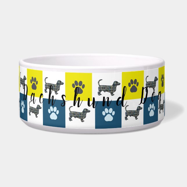 Dachshund Wiener Dog&Paw Silhouette Grid Dog Bowl Voerbakje (Voorkant)