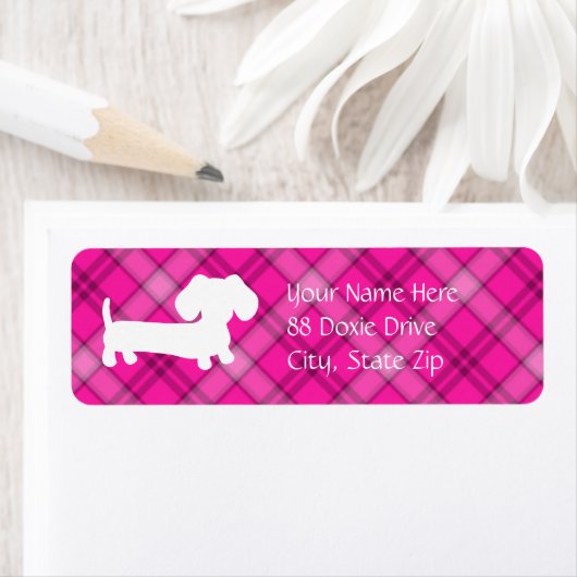 Dachshund Wiener Hond op Roze Plaid Etiket (Insitu)