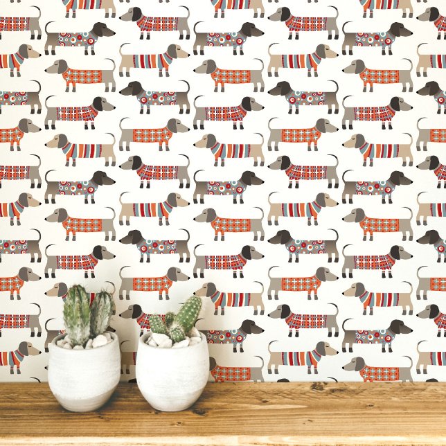 Dachshund Wiener Worst Hond Behang (Fun Dachshund Wiener Sausage Dogs in sweaters pattern peel and stick wallpaper)