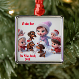 Dachshund Winter Familie Metalen Ornament