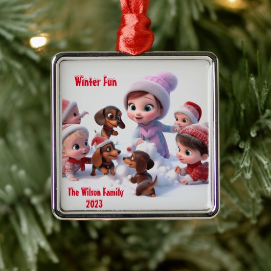 Dachshund Winter Familie Metalen Ornament (Boom)