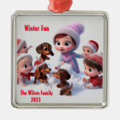 Dachshund Winter Familie Metalen Ornament (Voorkant)