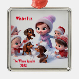 Dachshund Winter Familie Metalen Ornament