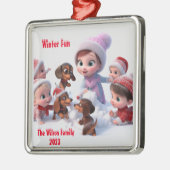 Dachshund Winter Familie Metalen Ornament (Links)