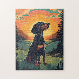 Dachshund winterbergbos tijdens zonsondergang legpuzzel