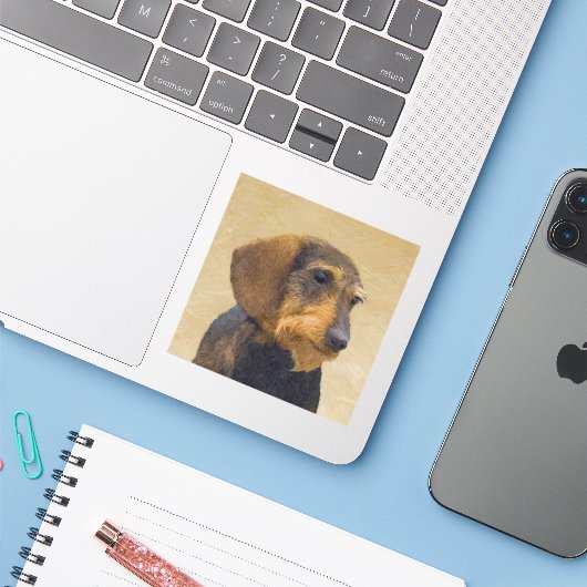 Dachshund (Wirehaire) schilderende oorspronkelijke Sticker (Laptop met iPhone)
