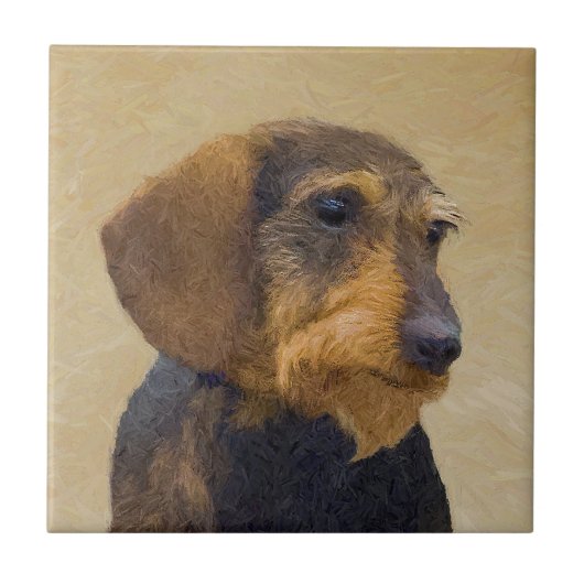 Dachshund (Wirehaire) schilderende oorspronkelijke Tegeltje (Voorkant)