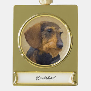 Dachshund (Wirehaire) schilderende oorspronkelijke Verguld Banner Ornament
