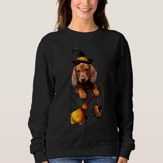 Dachshund Witch Pocket Halloween Dog Trui (Voorkant)