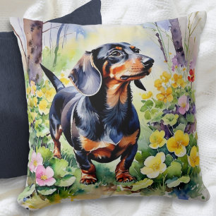 Dachshund Worstelhond Bosbloemen Aquarel Kussen