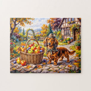Dachshund Zit Naast Appels Pompoenen Herfst Ga Legpuzzel