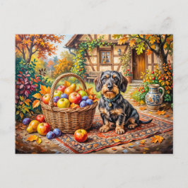 Dachshund zit naast fruitmand herfstboerderij briefkaart