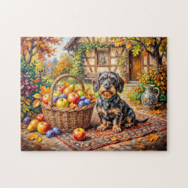 Dachshund zit naast fruitmand herfstboerderij legpuzzel