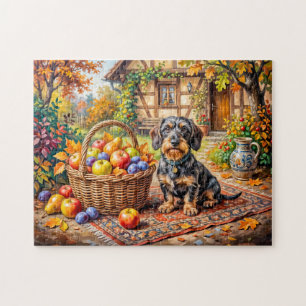 Dachshund zit naast fruitmand herfstboerderij legpuzzel