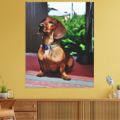 Dachshund zit op porch country House Birthday Canvas Afdruk (Insitu (Woonkamer))