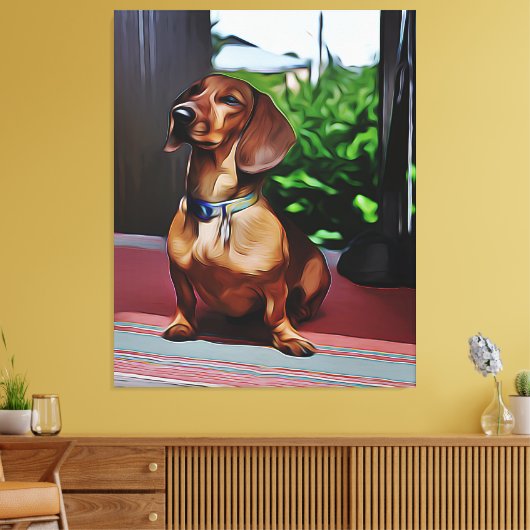 Dachshund zit op porch country House Birthday Canvas Afdruk (Insitu (Woonkamer))