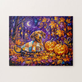 Dachshund zit tussen pompoenen onder herfstnacht legpuzzel