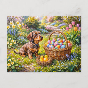 Dachshund zittend met Pasenmand in de tuin Briefkaart