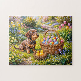 Dachshund zittend met Pasenmand in tuin Legpuzzel