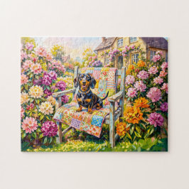 Dachshund zittend op bloementuinbank scène legpuzzel