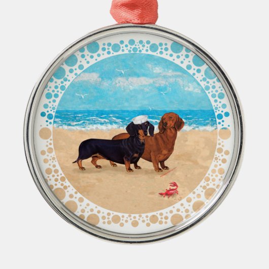 Dachshunds bij Beach Metalen Ornament (Voorkant)