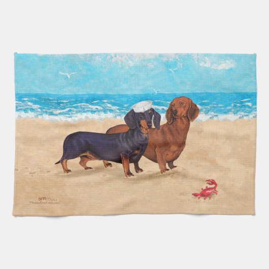 Dachshunds bij Beach Theedoek (Horizontaal)