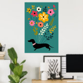Dachshunds en Bloemen Retro Floral Poster (Thuiskantoor)