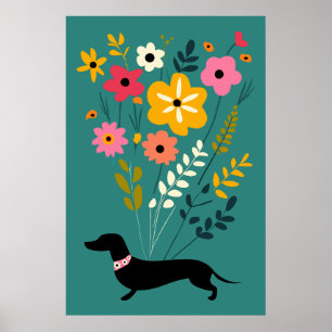 Dachshunds en Bloemen  Retro Floral Poster